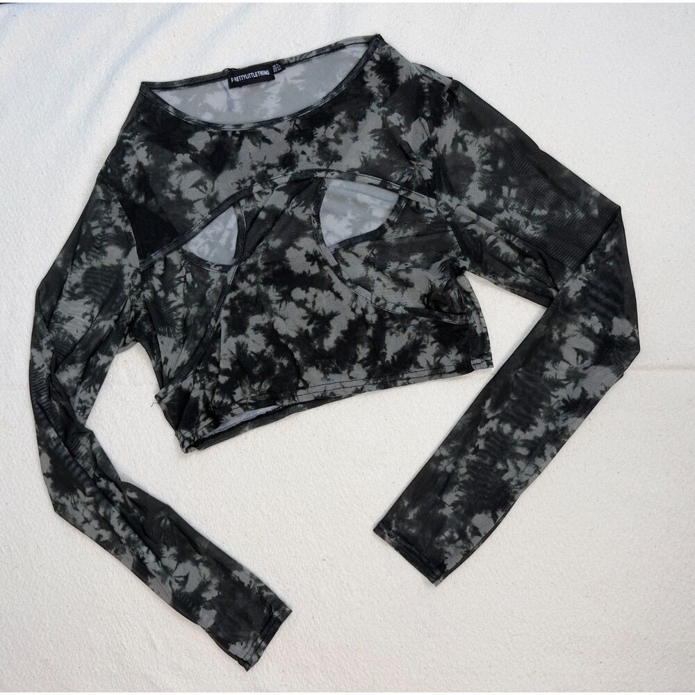 PrettyLittleThing Black Gray Mesh Sheer Long Sleeve Top Women's Y2K Size 16
